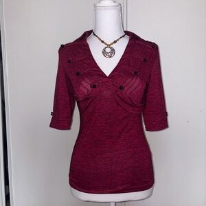 Women's Burgundy V-Neck Short Sleeve Top with Button Detail